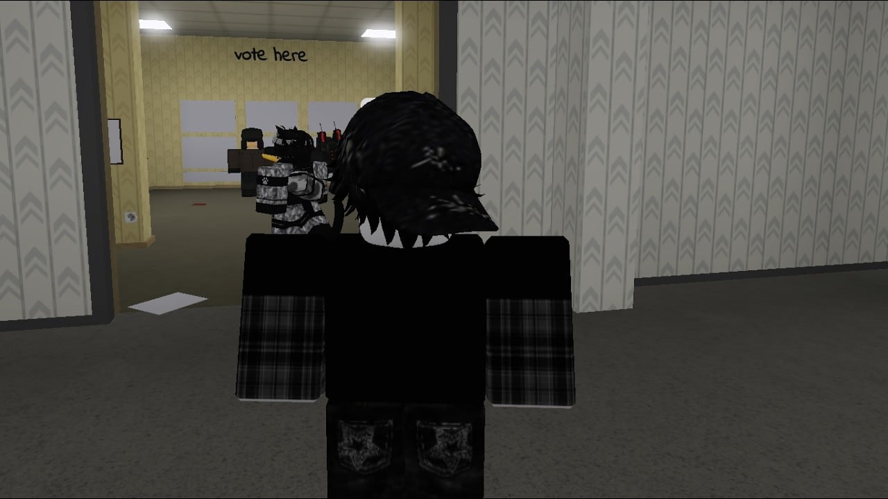 Blood Debt Gun System Revamp indoor hallway with a vote-here sign and an armed player